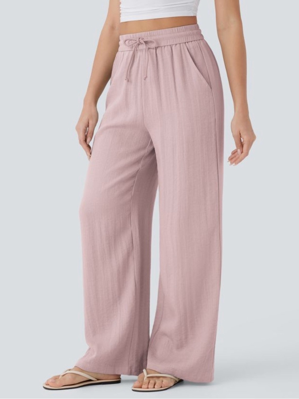 HALARA High Waisted Drawstring Pocket Wide Leg Baggy Casual Linen-Feel Pants - Picture 2 of 7